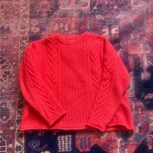 Madewell cable knit sweater in bright poppy, medium.